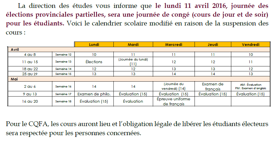 Calendriers scolaires 2015 2016 des établissements d'enseignement du